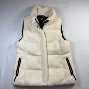 T By Talbots Faux Sherpa Puffer Vest Quilted Ivory Black Trim Large Snap Zipper